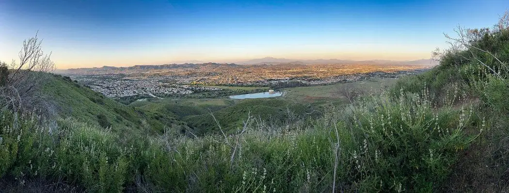 Panoramic view over Murrieta, California from the Santa Ana Mountains at dusk